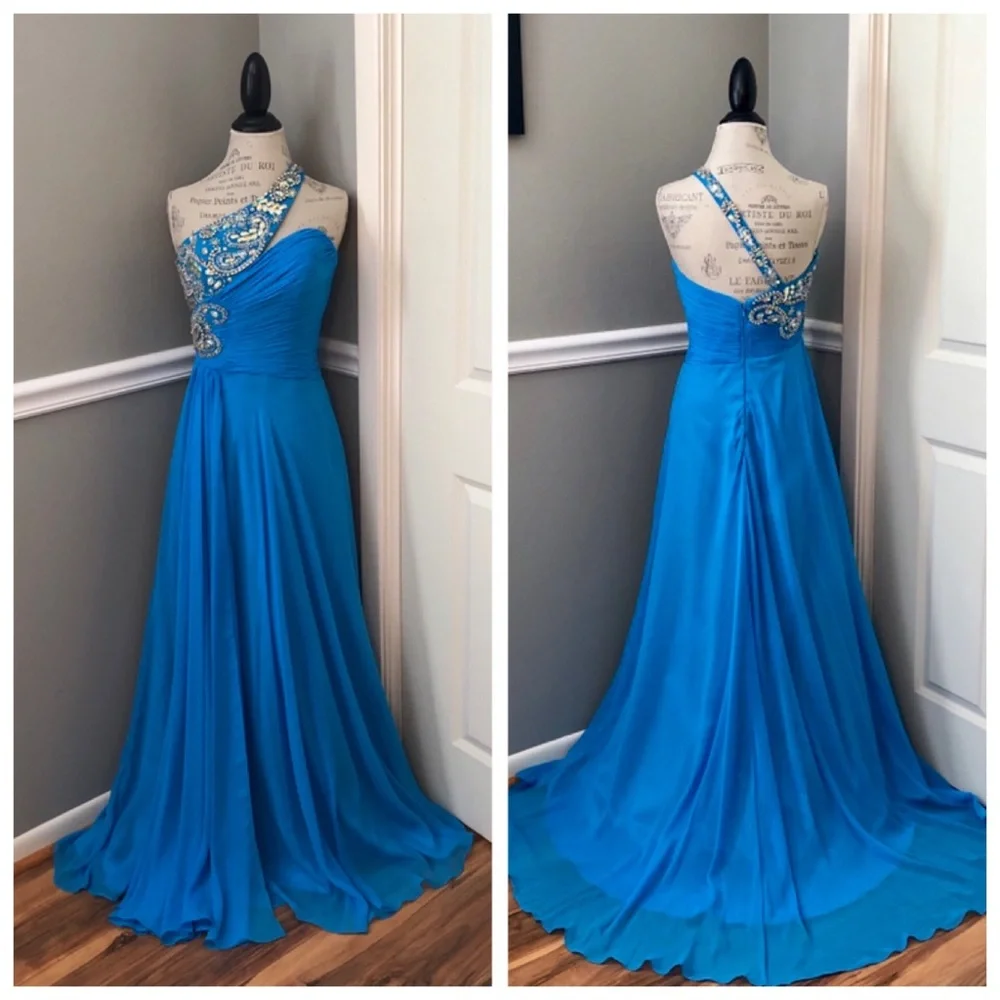 NEW PANOPLY SZ 8 TURQUOISE ONE SHOULDER JEWELED DRAPE FORMAL GOWN - Picture 1 of 9